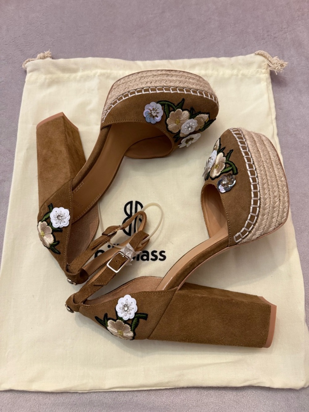 Bill Blass Floral Embroidered Platform Heels Women 8.5 Brown Suede Ankle Strap - Picture 3 of 11